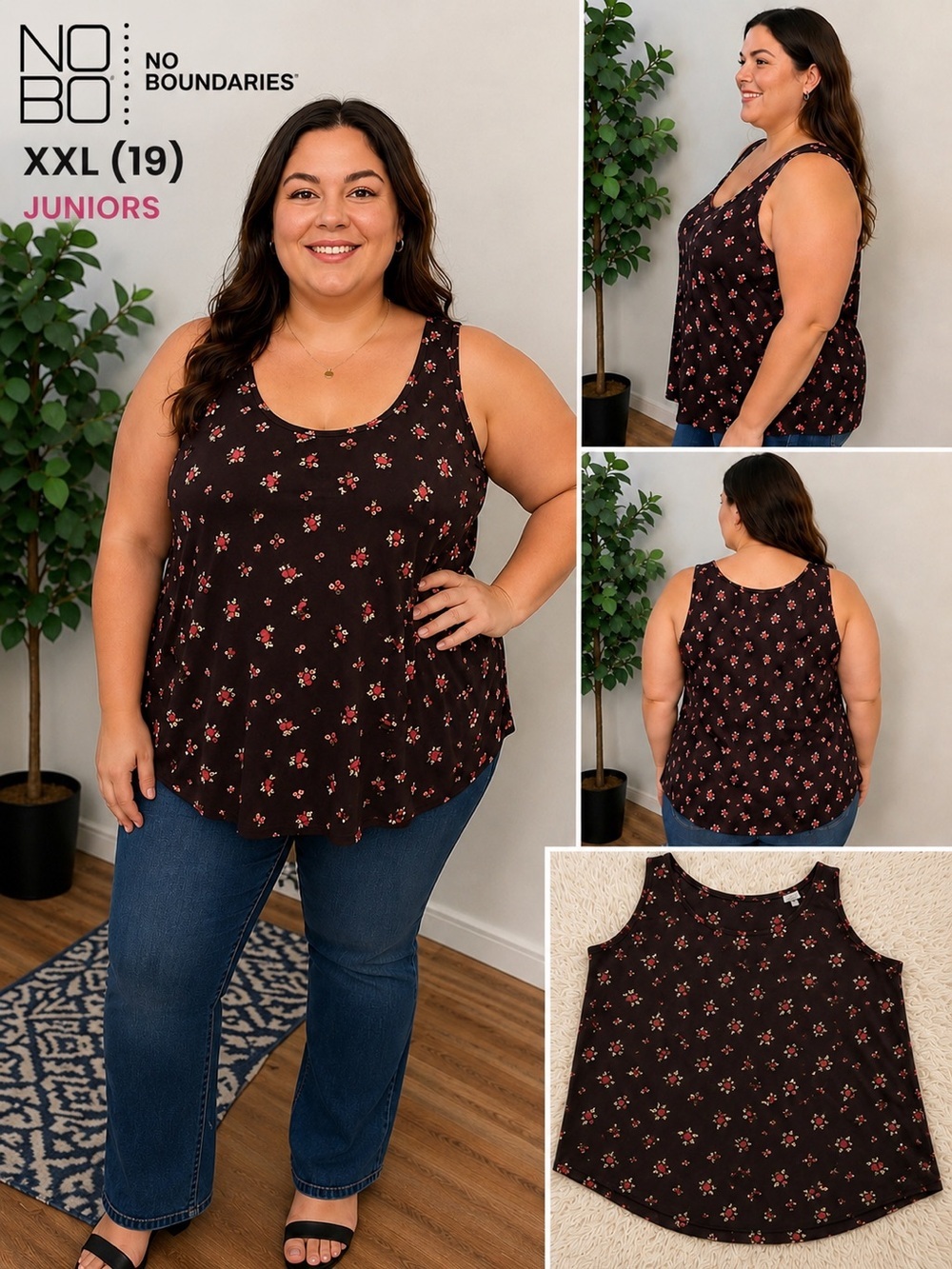 No Boundaries Juniors Floral Tank Top XXL 19 Black Pink Sleeveless Top